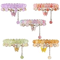 PIPITREE 10Pcs Beaded Crystal Bracelets for Women, Bohemian Stackable Bead Bracelets with Butterfly Charm Multilayered Bracelet Pack Handmade Jewelry Gift, 7inches, Resin, crystal