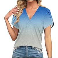 Womens Tshirts V Neck Summer Tops Short Petal Sleeve Casual Tee Fashion Gradient Tee Blouse Loose Fit T Shirts