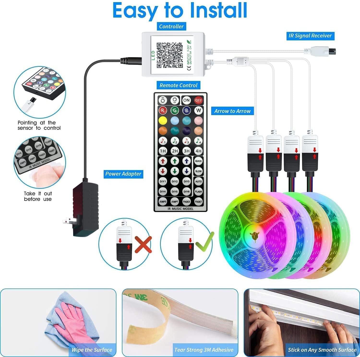 ehomful 130ft Led Lights Ehomful App Control Music RGB 5050 Color Changing Smart Led Strip Lights Kit with 44 Keys Remote, Led Lights for Bedroom,Room,Apartment,Kitchen,Party Decorations