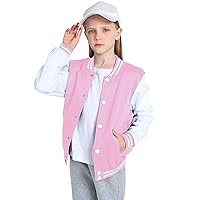 Girls Varsity Jacket Kids Baseball Lightweight Fleece Coat Button Closure Sweatshirt School Outwear 2-14 Years