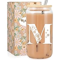 Initial Glass Coffee Cup w/Lid Straw, Butterfly Tumbler, 16oz Drinking Glass Cup, Cute Aesthetic Cup, Personalized, Monogrammed, Mothers Day, Birthday Gifts for Women Mom Daughter Friend