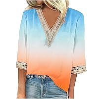 Women's 3/4 Sleeve Tunic Tops V Neck Guipure Lace Tops Boho Floral Plus Size Work Shirts Tie Dye Summer Y2K Clothes