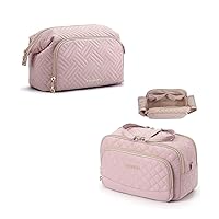 BAGSMART Travel Makeup Bag, Cosmetic Bag Organizer Case, Portable Makeup Travel bag for Women for Travel Accessories, Makeup Toiletry Bag with Dual-Zippered Large Wide-open and Handle-pink