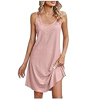 Womens Summer Dresses 2024 Loose U-Neck Sleeveless Sundresses Eyelet Swimsuit Coverups with Pockets Plain Mini Cami Dress(,)