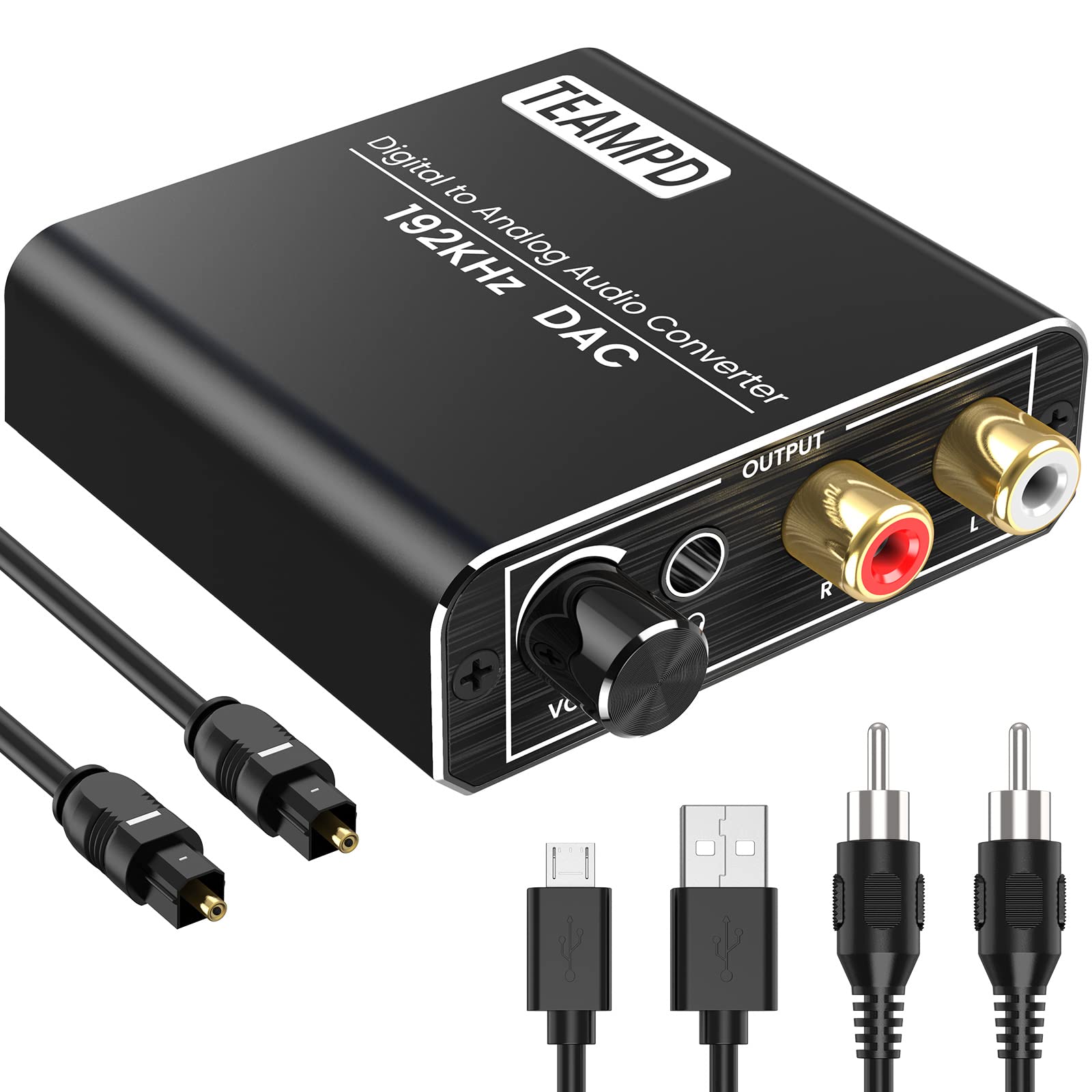 192KHz Digital to Analog Audio Converter with Volume Adjustment Aluminum Optical to RCA Converter with Optical Coaxial Cables, DAC Toslink Optical Digital to Stereo RCA (L/R) and 3.5mm Jack