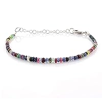 Natural Multi Precious Gemstone, Emerald, Ruby, Sapphire beads Bracelet with 925 Sterling Silver Chain for him and her, Birthday, Christmas, New Year, Thanks giving.