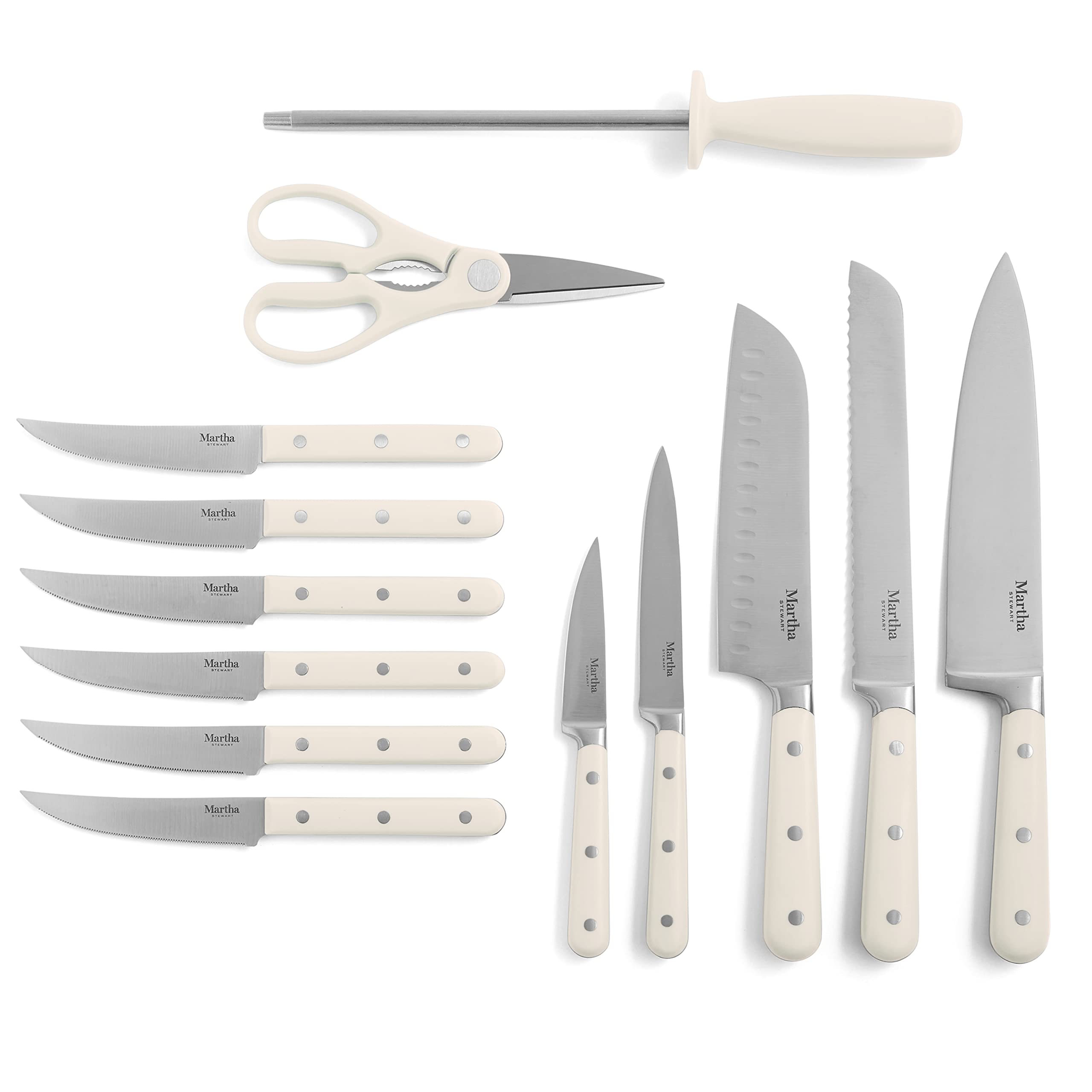 MARTHA STEWART Eastwalk 14 Piece High Carbon Stainless Steel Cutlery Knife Block Set w/ABS Triple Riveted Forged Handle Acacia Wood Block - Linen White