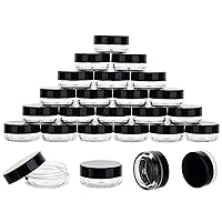 25 Count 3 Gram Sample Containers, Clear Lip Balm Containers with Lids, Small Plastic Sample Jars with 2 Mini Spoons, 25pcs Labels (Black Lid)