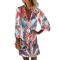 4th of July Dresses for Women Patriotic Dress for Women Sexy Casual Vintage Print with 3/4 Length Sleeve Deep V Neck Independence Day Dresses Multicolor 3X-Large