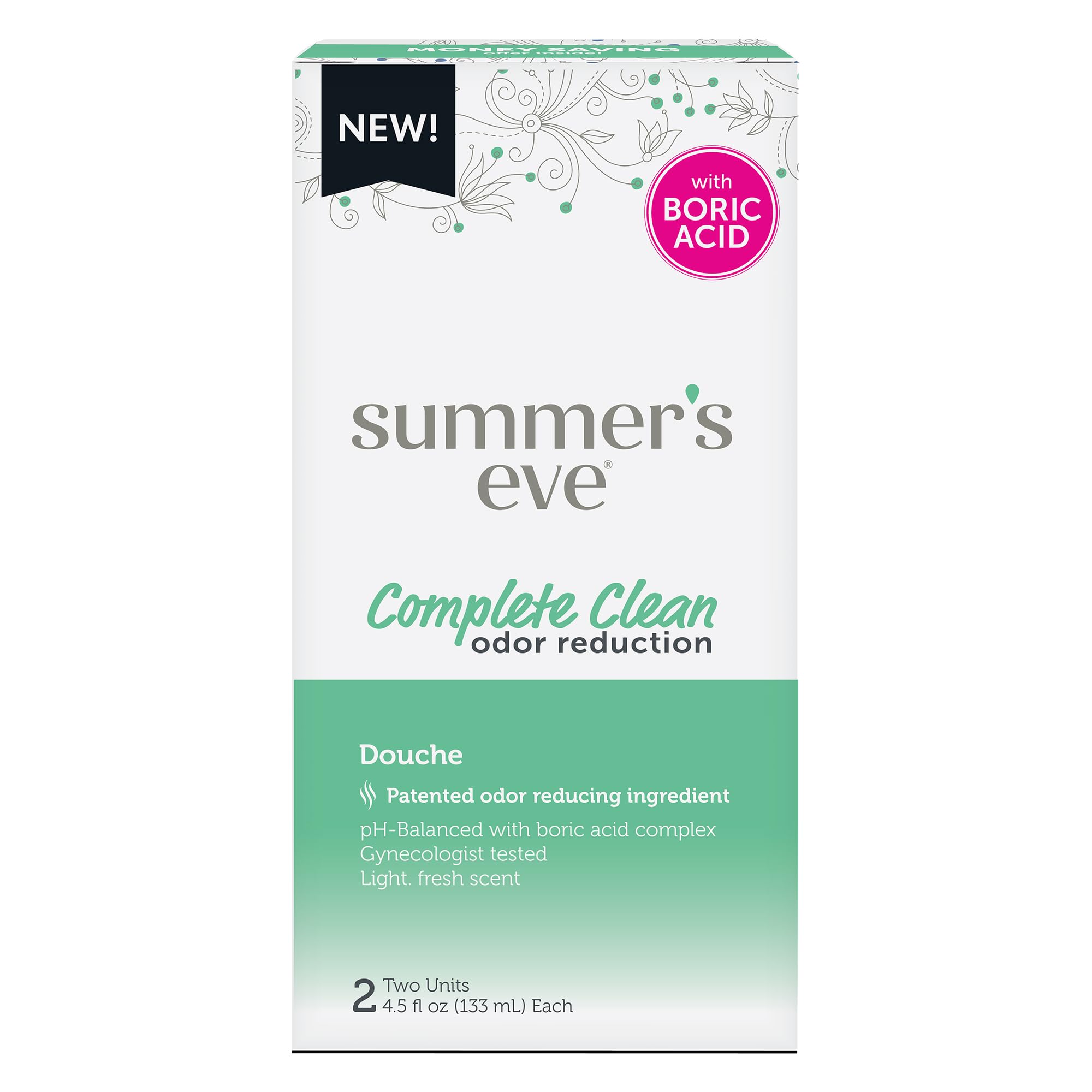 Summer's Eve Feminine Douche, Complete Clean Odor Reduction with Boric Acid Complex, 2 Units, 4.5 oz Each