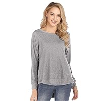 Andongnywell Women's Round Neck Long-Sleeved t-Shirt Solid Color Loose top Short Front and Long Back Blouse