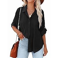 Hotouch Womens Cotton Linen Shirts Roll-Up Sleeve Button Down Collared Shirt Summer Casual Long Sleeve Loose Fit Solid Blouse