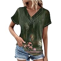 Womens Tops Trendy Short Sleeve V Neck Pleated Button Going Out Tops for Women Casual Summer Blouse