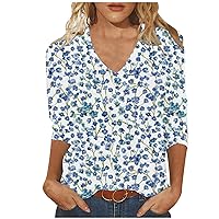 3/4 Length Sleeve Womens Tops Casual V Neck Blouse Plus Size Tunic Tshirt Vintage Ethnic Floral Print Tee Vacation Outfits