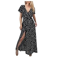 Women's V-Neck Glamorous Dress Flowy Casual Loose-Fitting Summer Swing Print Beach Short Sleeve Long Floor Maxi Black
