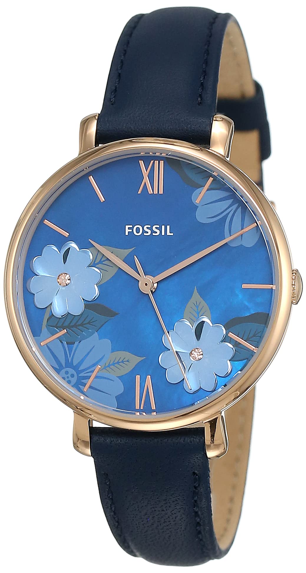 Fossil Women's Jacqueline Quartz Stainless Steel and Leather Three-Hand Watch, Color: Rose Gold, Navy (Model: ES4673)