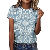 Women's Short Sleeve Round Neck Loose Fit Basic T Shirts 2024 Summer Dressy Holiday Floral Printed Tops Blouse