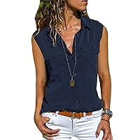 Andongnywell Women's Sleeveless Casual Lapel Solid Color Blouses Pocket Button Shirt Tops Pockets Shirt Blouse