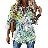 Sloth and Nature Casual Shirts for Women V Neck Long Sleeve Button Down Blouse Loose Tops Work Beach