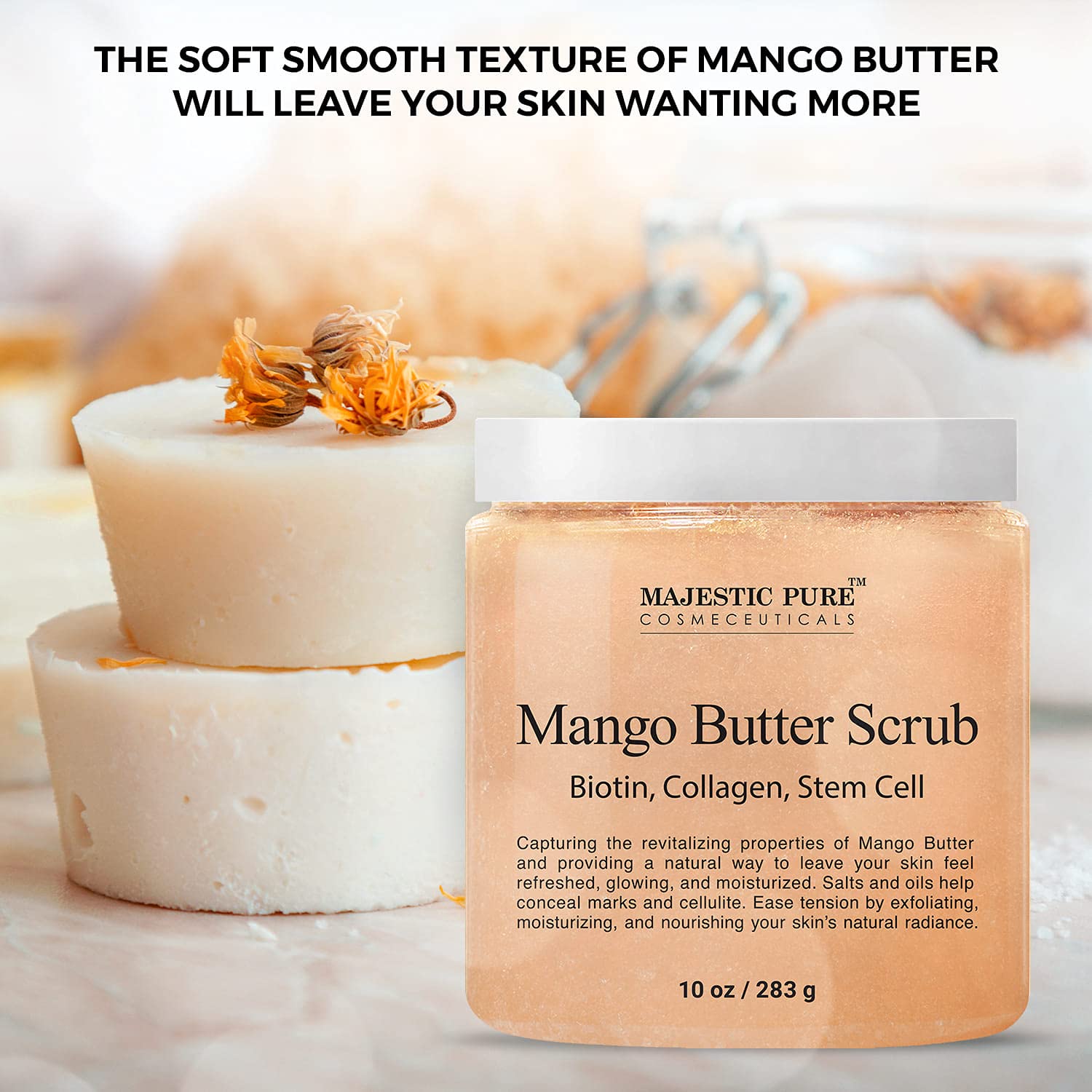 Majestic Pure Mango Butter Body Scrub - With Biotin, Collagen, Stem Cell - Exfoliating Salt Scrub to Exfoliate and Moisturize Skin - Deep Skin Cleanser - Natural Skin Care for Men and Women - 10 oz