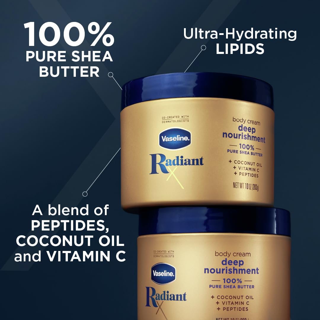 Vaseline Radiant X Deep Nourishment Body Cream 100% Pure Shea Butter, Coconut Oil, Vitamin C, & Peptides, 10 OZ
