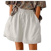 Plus Size Shorts for Women Summer Linen Shorts High Waisted Lace Up Yoga Running Shorts with Pockets Casual