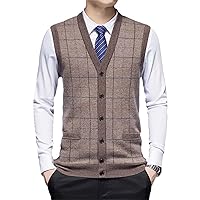 Wool Mens Vintage Knit Vest Thick Buttons Down Sleeveless Cardigan V Neck Plaids Basic Warm For Autumn Winter