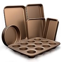 NutriChef 6-Piece Nonstick Bakeware Set, Carbon Steel Baking Pans, Includes Cookie Trays, Wide & Square Bake Pan, Bread Loaf & Round Cake Pan, Muffin Pan - Gold