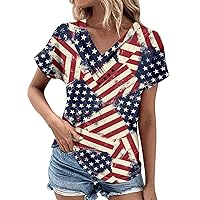 Women's Tops American Flag 4Th of July 2024 Star Stripes Patriotic Button Square Neck Short Sleeve Shirts Clothing