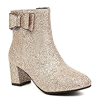 Womens fashion bow ankle boots glitter sequins Round Toe Heeled Short Boots Side zipper Low Chunky Block Heel Booties Fall winter Shoes