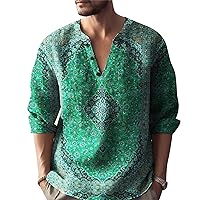 Men's Vintage Floral Print Henley Shirts Big and Tall Summer Lightweight Beach Hippie T-Shirts Loose Fit Band Collar Pullover