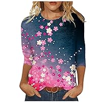 3/4 Length Sleeve Womens Tops, Women's Loose Casual Floral Print Round Neck Three-Quarter Sleeves