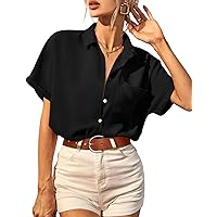 HOTOUCH Womens Button Down Shirts Loose-fit Casual Short Sleeve Blouse V Neck Classic Collared Work Tops Fasion 2023