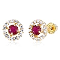 Solid 14K Gold 6mm Halo Natural Birthstone Screwback Stud Earrings For Women | 3mm Round Birthstone | 1mm Created White Sapphire Halo Screwback Earrings For Women and Girls