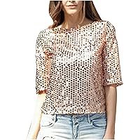 Summer Sequins Trendy Half Sleeve Tops for Womens Glitter Nightclub Party Casual Slim Fit Round Neck Solid T-Shirts