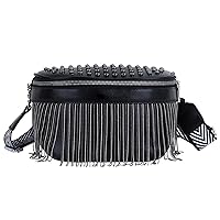 Women Girls Leather Fanny Pack Glitter Rhinestone Tassel Crossbody Shoulder Bag Rivet Chest Bag Fashion Waist Bag (7000+Black)