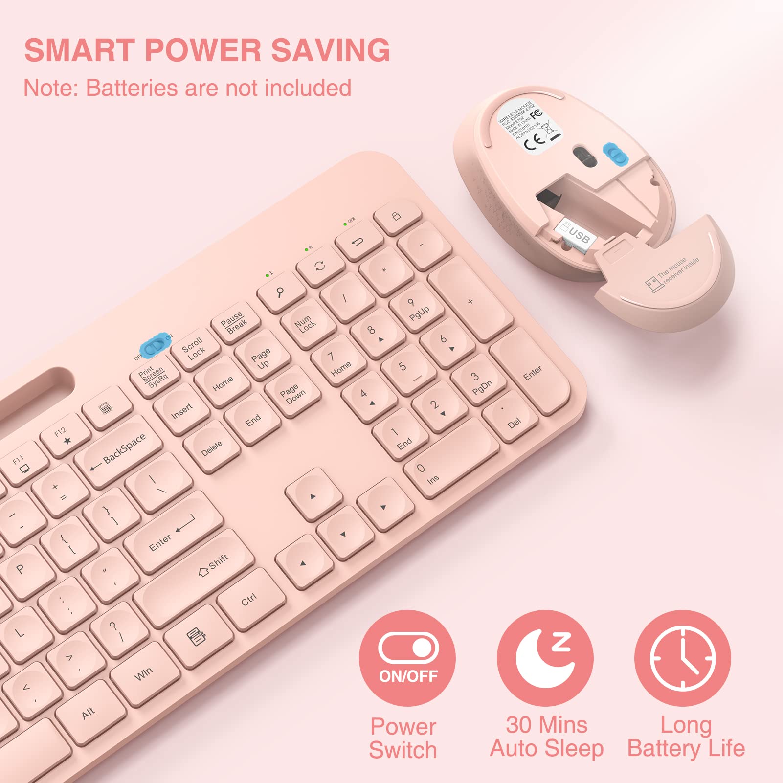 Wireless Keyboard and Mouse Combo, WisFox 2.4G USB Wireless Ergonomic with Phone Holder, Full-Size Keyboard and Mouse Set for Computer, Laptop and Desktop(Pink)