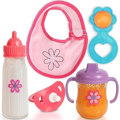 Mommy & Me Baby Doll Bottles with Disappearing Milk, Realistic Accessories, 5 Piece Baby Doll Feeding Set, Includes A Disappearing Magic Bottle, Sippy Cup, Bib and Pacifier