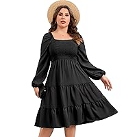 Plus Size Dresse Womens Square Neck High Waist Smocked Ruffle A Line Tiered Flowy Maxi Dress with Pocket