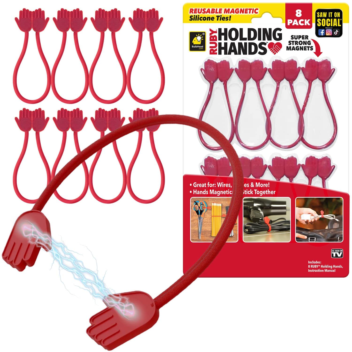 Ruby Holding Hands Ultra-Powerful Magnetic Silicone Zip Ties, AS-SEEN-ON-TV, Industrial-Strength Cable Ties with Magnet Automatically Stick Together, Reusable, Great for Cables, Cords