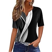 Long Short Sleeve Work Tees Women's Nice Independence Day Slim Softest Tunic Women V Neck Print Button Polyester Ivory 3XL