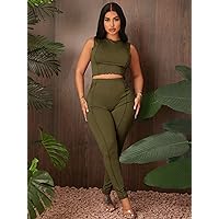 Two Piece Outfits for Women Solid Contrast Piping Crop Tank Top & Leggings (Color : Army Green, Size : Small)
