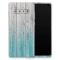 Trendy Teal to White Aged Wood Planks Vinyl Decal Wrap Cover Compatible with Samsung Galaxy S10 Plus (Screen Trim and Back Skin)
