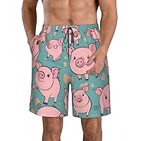 Pig Background Print Men's Beach Shorts Tropical Hawaiian Style,Quick Dry Casual Summer Shorts Adjustable