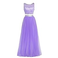 Women 2 Piece Beaded Prom Dress Boat Neck Tulle Evening Gown 2021