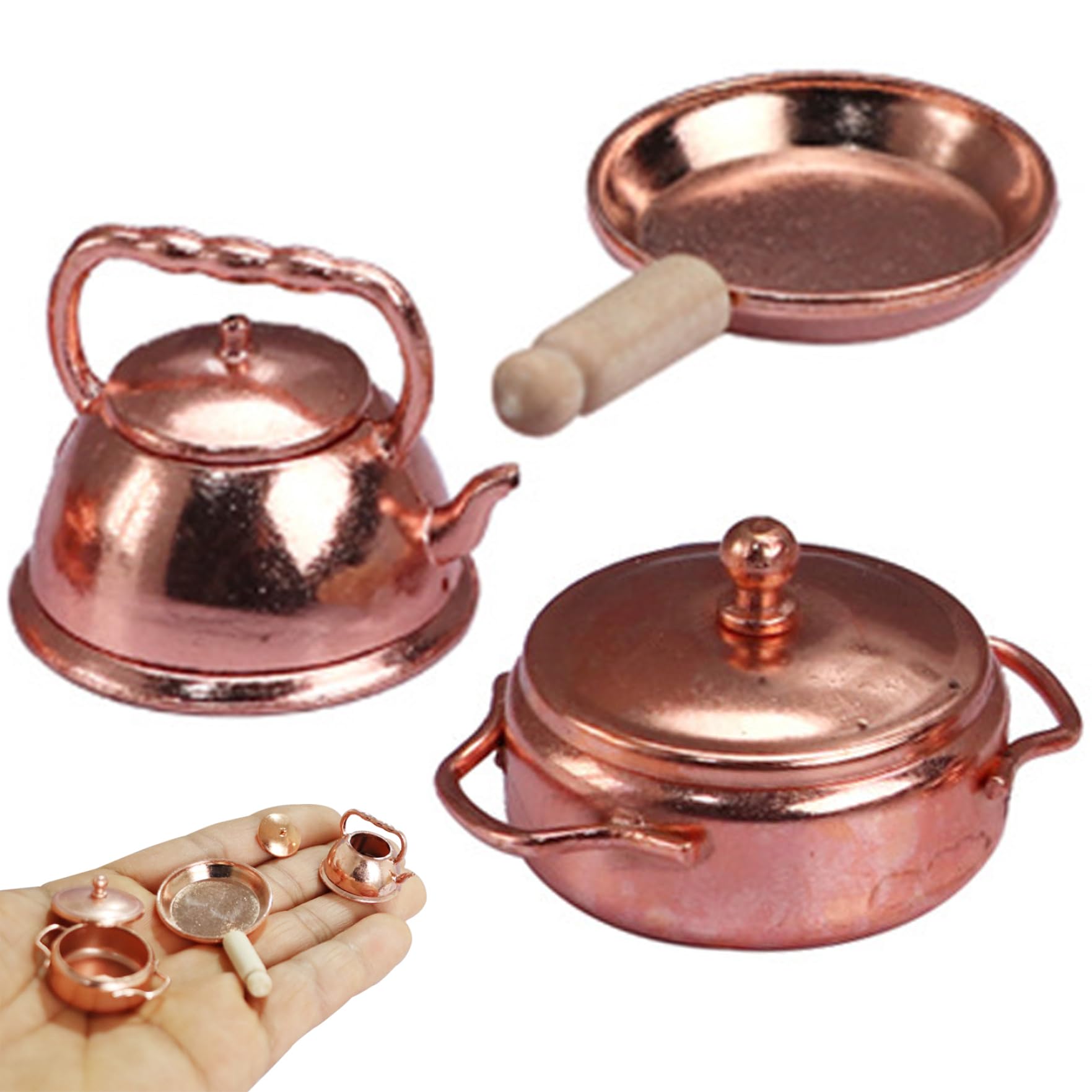 Mini Pots and Pans with a Kettle for 1:12 Dollhouse Kitchen Accessories Alloy Mini Kitchen Set Doll House Miniatures Items for Dollhouse Decorations1 Frying Pan 1 Kettle 1 Double Ear Pot