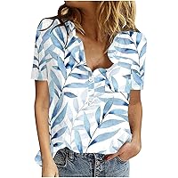 Womens V-Neck Buttons Shirts Summer Casual Short Sleeve Cotton Linen Tees Trendy Floral Printed Elegant Blouse Tops