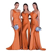 Elegant One Shoulder Prom Dresses Mermaid Ruched Satin Bridesmaid Dresses Sleeveless Lace-up Back Formal Gowns US 28W Orange
