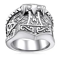 FaithHeart Norse Viking Jewelry Mens Stainless Steel Vikings Thor's Hammer/Wolf Head Ring Valknut Warrior's Gothic Jewelry-Personalized Engrave
