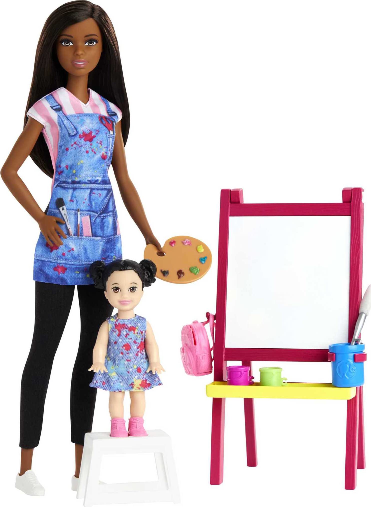 Barbie Careers Doll & Playset, Art Teacher Theme with Brunette Doll, 1 Toddler Doll, Color-Change Easel & Accessories
